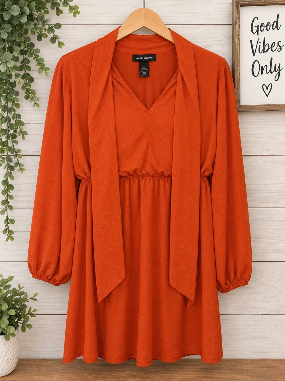 Ashley Stewart Burnt Orange Long Sleeve Tie-Neck Smock Dress
